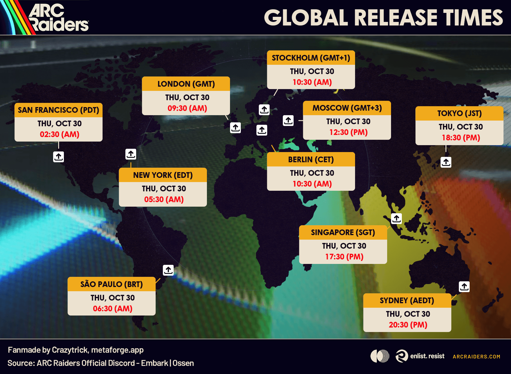 ARC Raiders Global Release Times — October 30, 2025